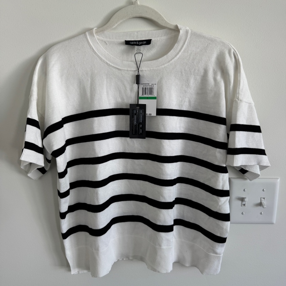NWT Cable & Gauge Short Sleeve Striped Ivory Black Knit Top